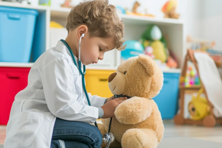 Child playing doctor with a teddy bear